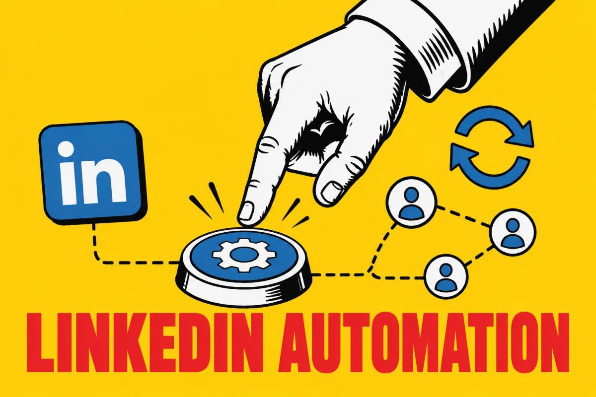 Pop-art illustration for the LinkedIn Automation Tools 2026 comparison: hand pressing a gear button with networked user-profile avatars and LinkedIn logo