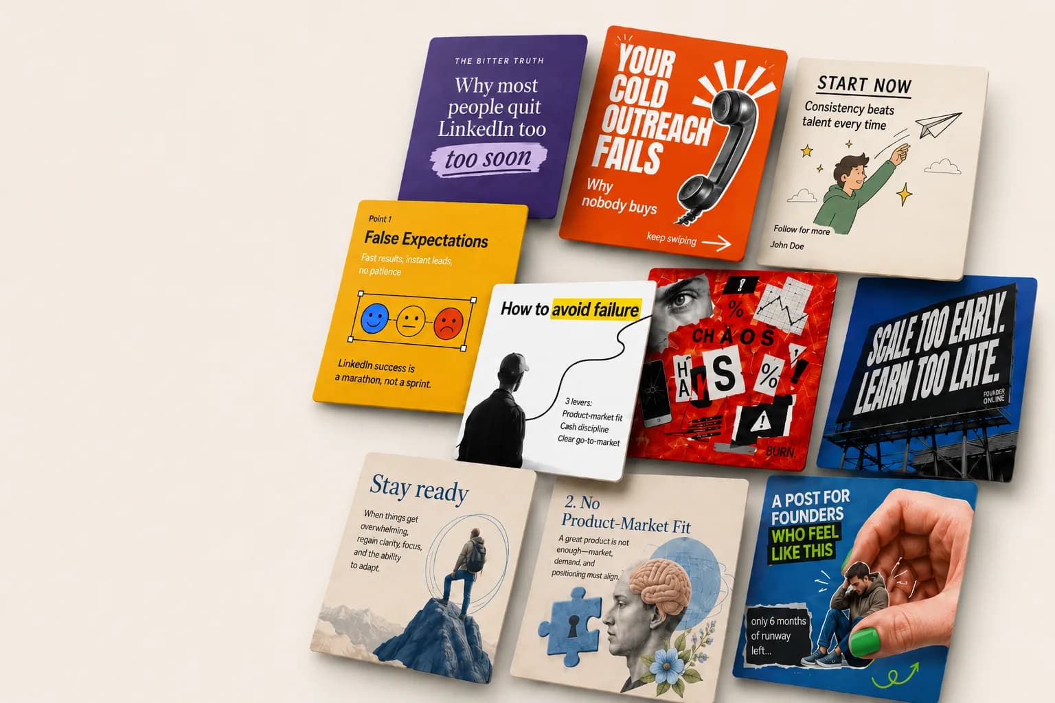 Twelve LinkedIn carousel slides in different design templates on a cream background, from bold typography to collage and photo styles