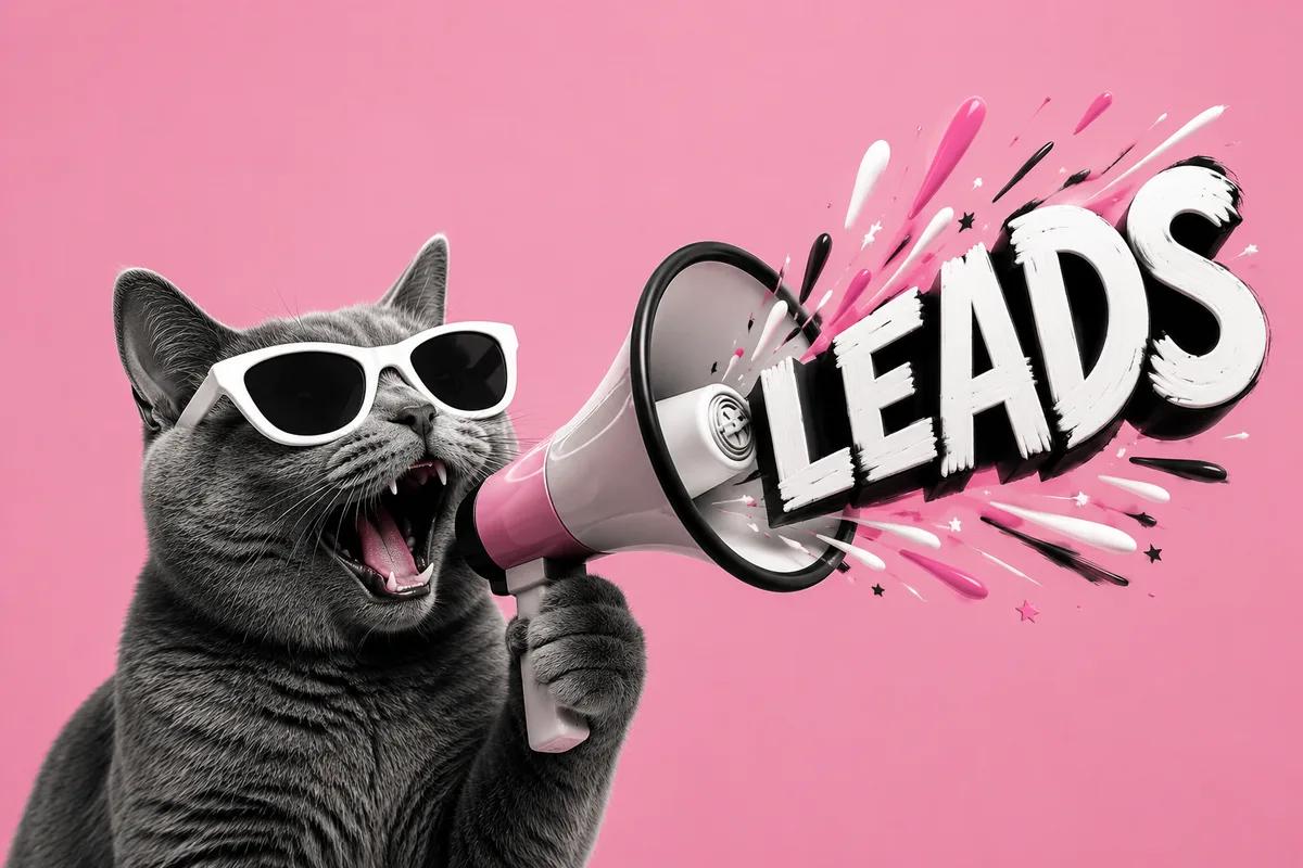 Grey cat with sunglasses shouting LEADS into a megaphone, illustrating LinkedIn Sales Navigator alternatives for lead generation