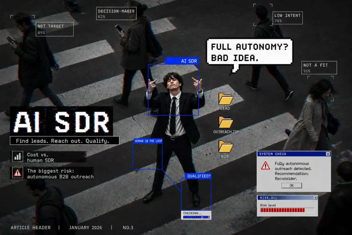 Illustration of an AI SDR pipeline with a human approval step, symbolizing AI sales development with human-in-the-loop control