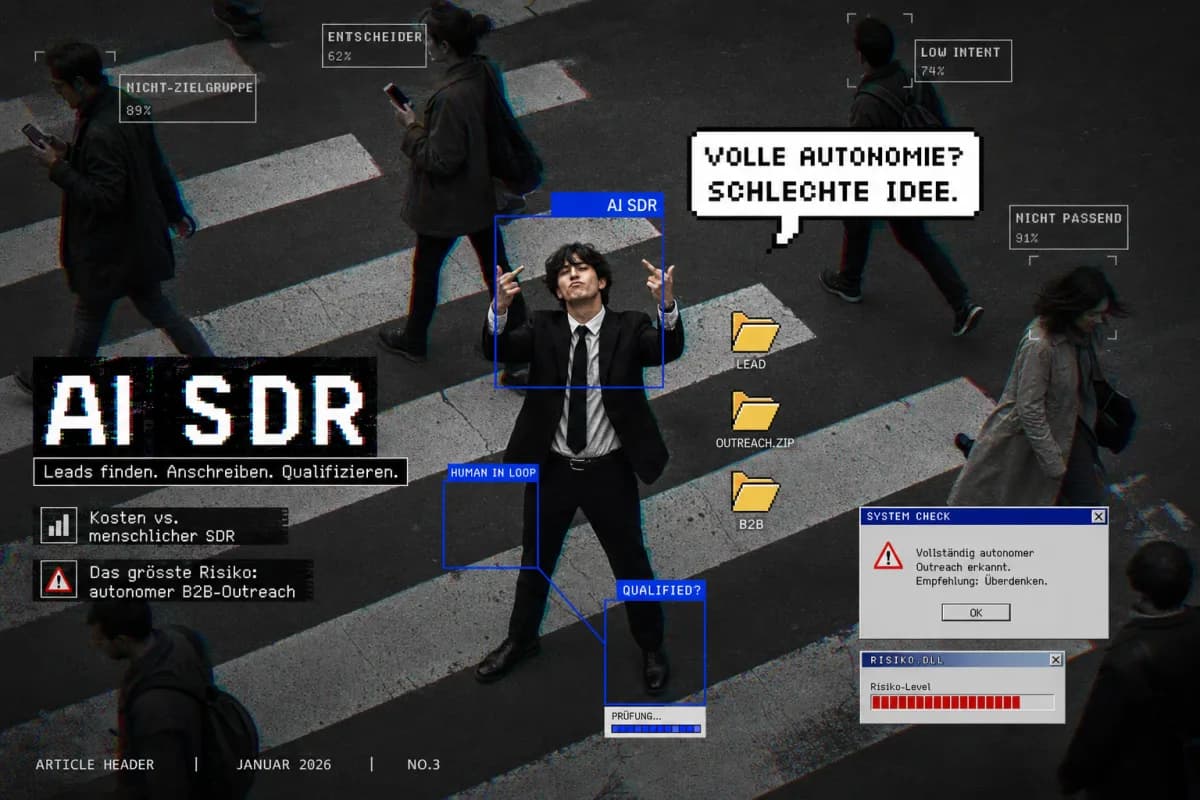 Illustration eines AI SDR: KI-Assistent und Mensch arbeiten gemeinsam an einer Vertriebs-Pipeline, Symbolbild für KI im Vertrieb mit menschlicher Freigabe