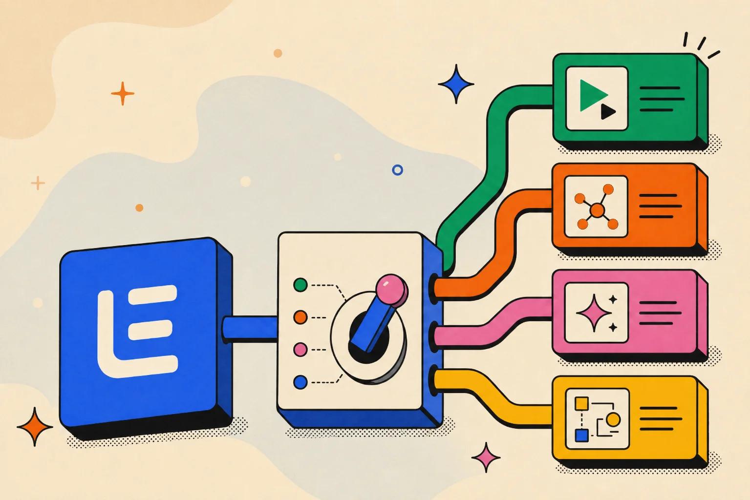Editorial-Illustration: acht Outreach-Tool-Icons rund um einen zentralen LinkedIn-Netzwerk-Knoten, Sales-Pipeline visualisiert in flachem Pop-Art-Stil