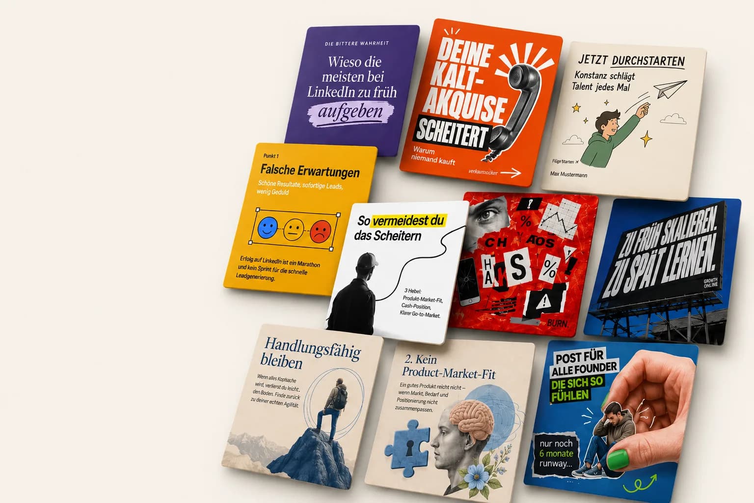 Zwölf LinkedIn-Karussell-Slides in verschiedenen Design-Vorlagen auf cremefarbenem Hintergrund, von plakativer Typografie bis Collage- und Foto-Stilen