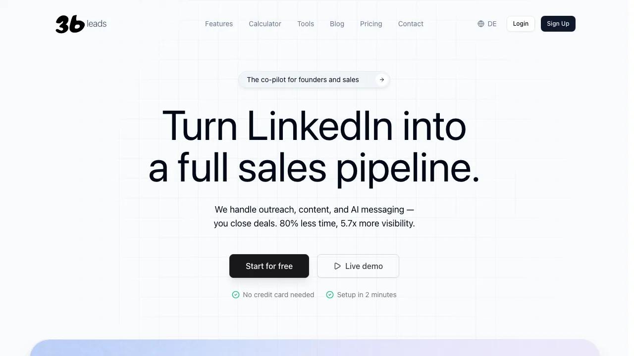 Startseite von 36leads mit dem KI-gestützten LinkedIn-Lead-Generation-Cockpit