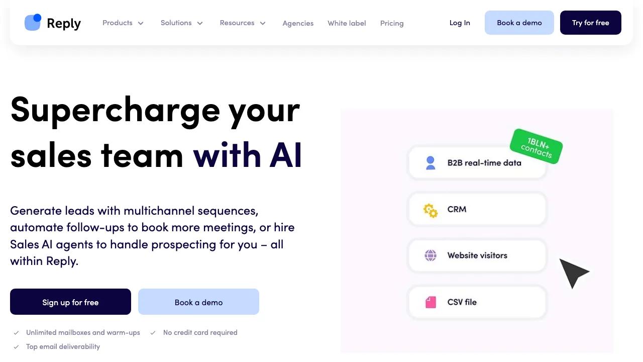 Startseite von Reply.io mit voller Sales-Engagement-Plattform und Multichannel-Outreach