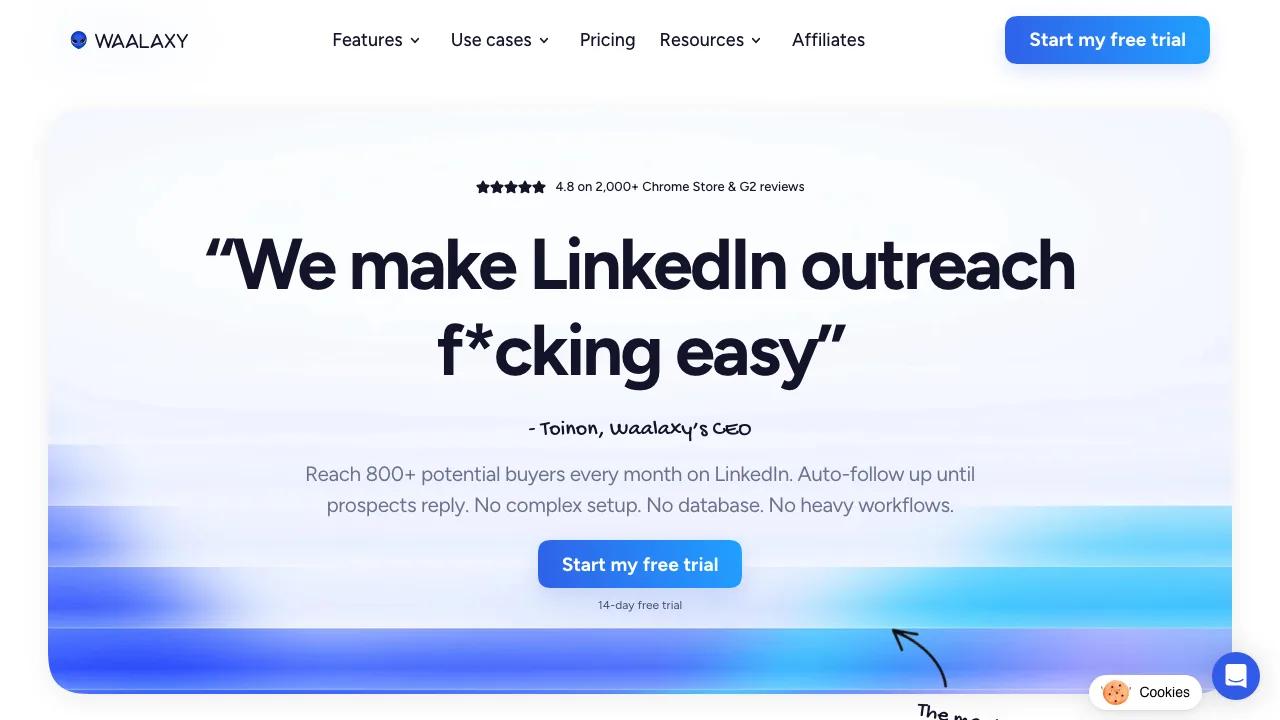 Startseite von Waalaxy mit LinkedIn-Automation und Multichannel-Outreach-Positionierung