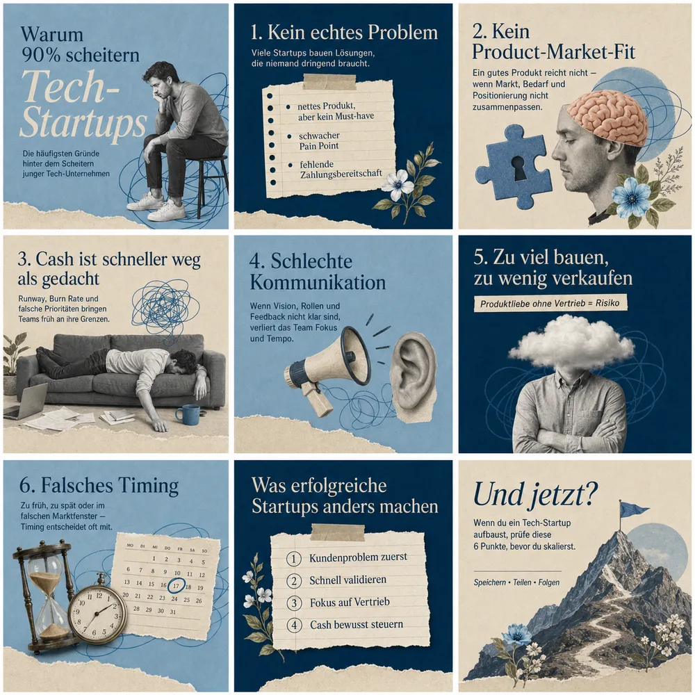 LinkedIn carousel in the Bloom Press design: calm blue tone with illustrated scenes