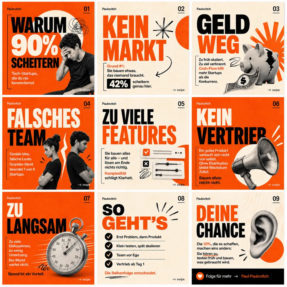 LinkedIn carousel in the Orange Bold design: heavy uppercase type on orange and cream with photos