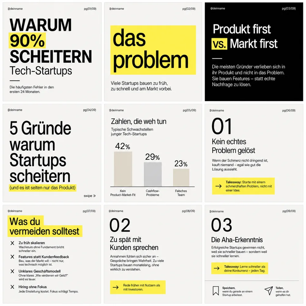 LinkedIn carousel in the Yellow Press design: magazine look with yellow accents and clean type